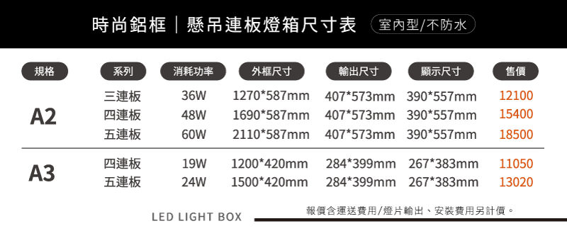 LED鋁框懸吊式連版燈箱-尺寸售價表
